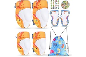 GINGILI LIFE Boys Knee Pads Kids Dinosaur Knee Elbow Pads Wrist Guards with Drawstring Bag Adjustable Protective Gear Set for Boys Roller Skating Bike Scooter Dino Stickers