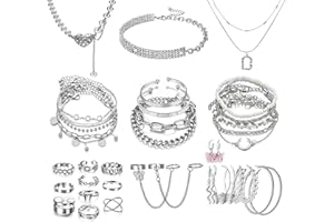 17IF 35-53 Pcs Silver Gold Jewelry Set for Women 12-30 Pcs Rings 4-7 Pcs Necklace 11-14 Pcs Bracelet and 5-16 Earring, Indie Stackable Vintage Boho Pearl Adjustable Jewerly Pack for Girl