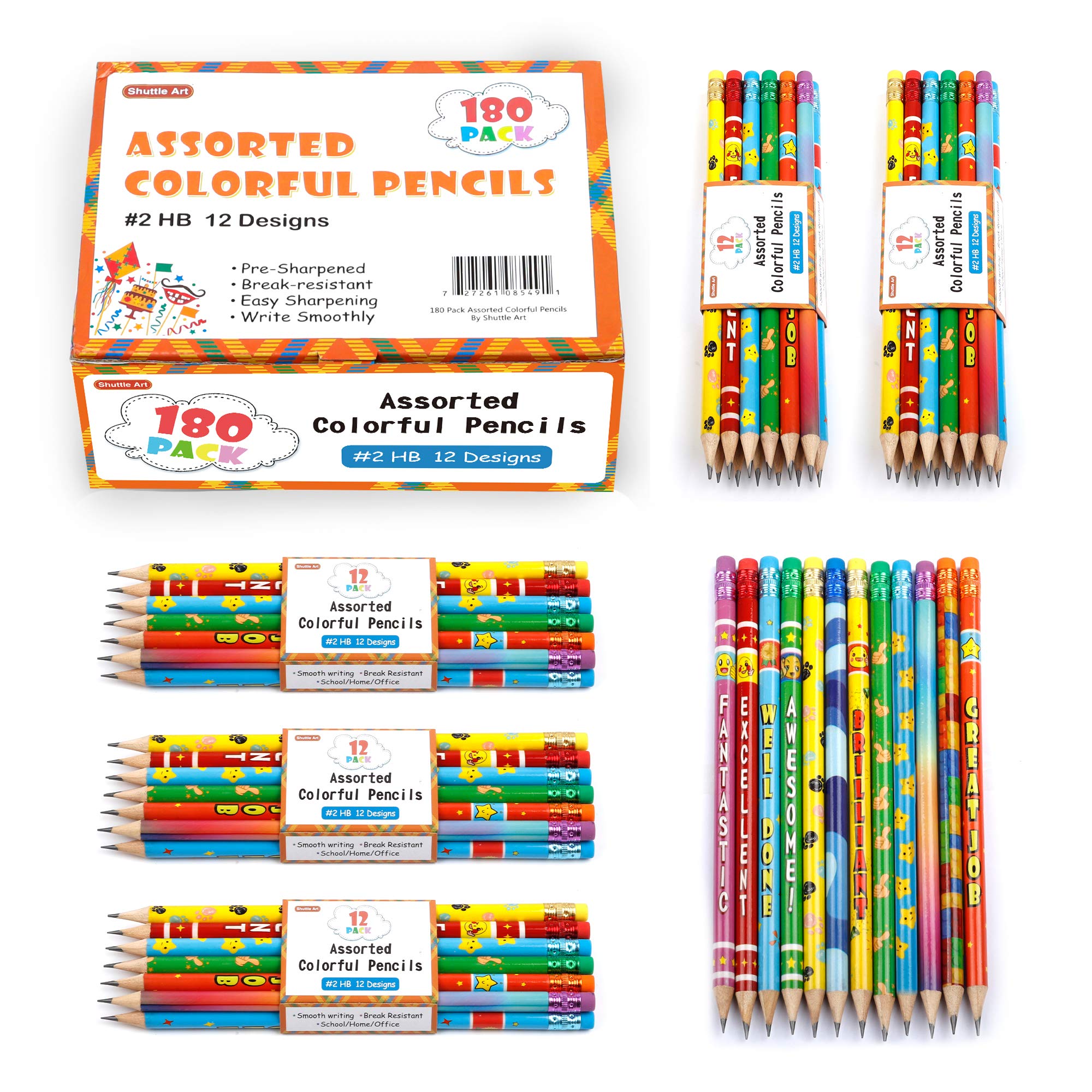 Shuttle Art Assorted Colorful Pencils, 180 Pack Kids Pencil Bulk with 12 Designs, #2 HB, Pre-sharpened Awards and Incentive Pencils for Kids School Home Party, easter pencils bulk