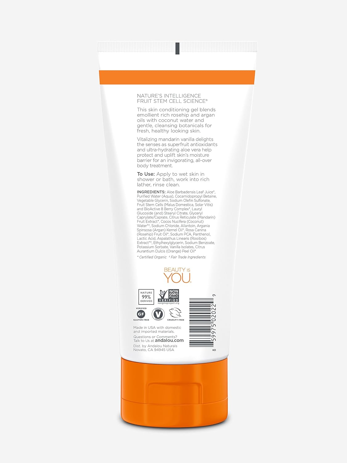 Andalou Naturals Mandarin Vanilla Vitalizing Shower Gel, 8.5 fl. oz., Gently Cleanses and Protects Skin's Moisture with Argan Oil and Coconut Water : Beauty