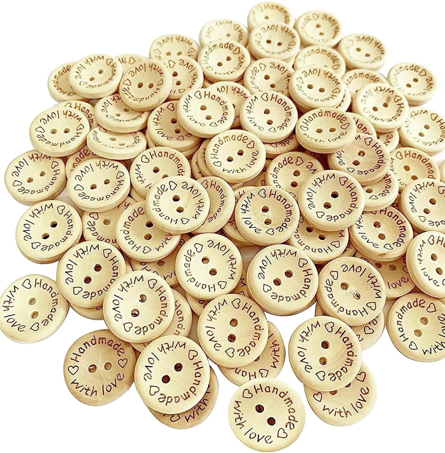 100PCS Wood Buttons for Sewing and15mm Crafting Handmade with Love Wooden Button
