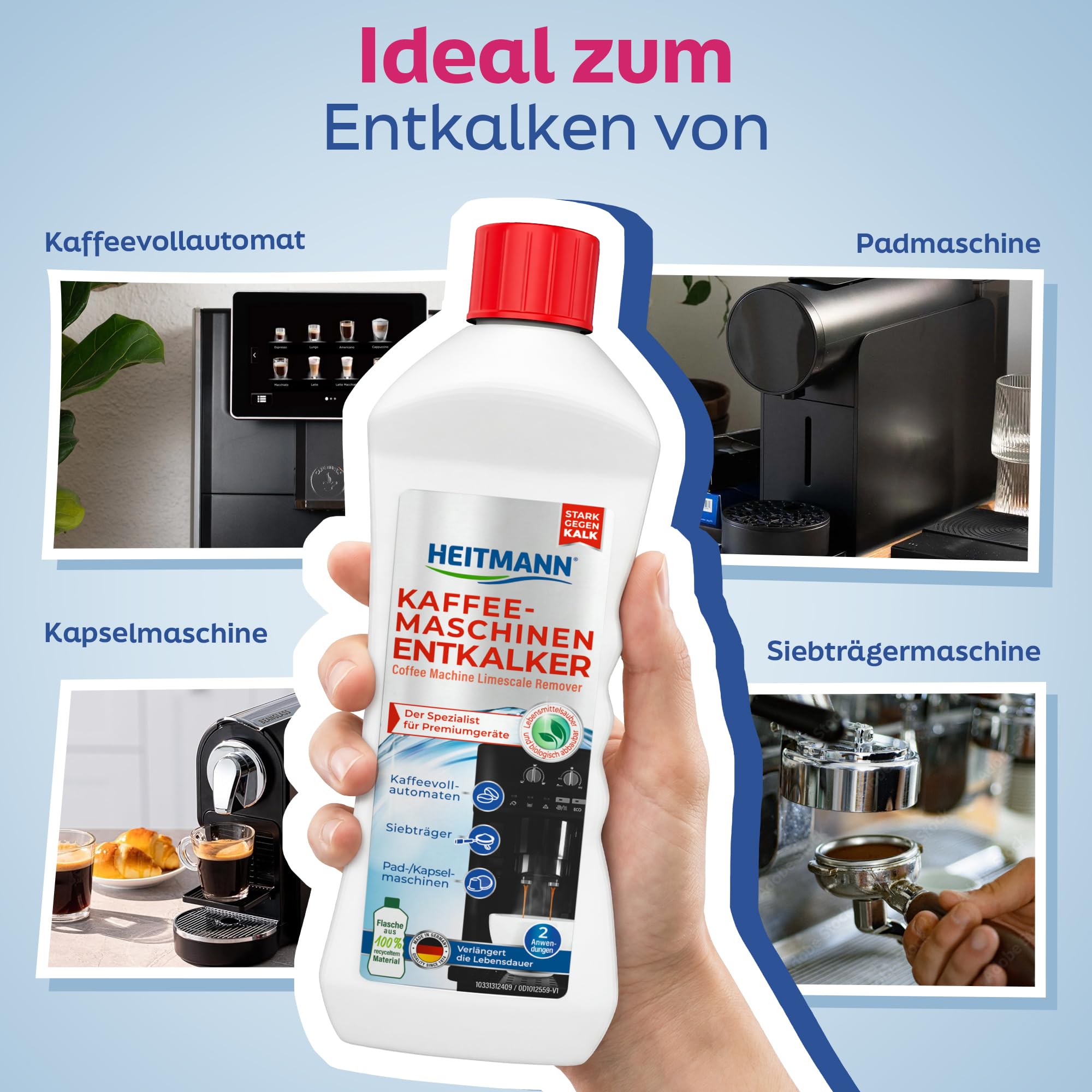 HEITMANN Kaffeemaschinen entkalker zwei Anwendungen, für Kaffeevollautomaten Siebträger Pad und Kapselmaschinen, 250 ml, Farblos 3