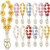 Landical 12 Pcs Boho Macrame Wristlet Keychain Flower Handmade Wristlet Cute Floral Daisy Flower Keychain