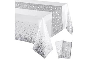 Irenare Tablecloth and Sequin Table Runner Set Polka Dots Confetti Table Cover Dining Plastic Tablecloths Glitter Decorations for Birthday Wedding Anniversary Party Supplies(White, Silver,2 Pcs)