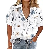 HOTOUCH Cotton Linen Button Down Shirt for Women V Neck Collared Blouse Casual Short Sleeve Tops with Pocket