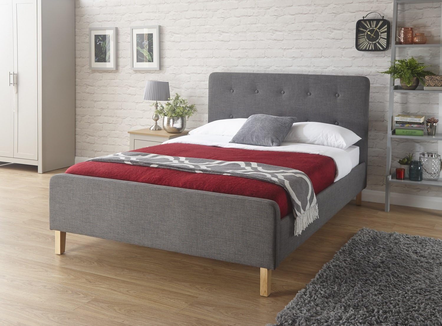 Home Source - Modern High Headboard Buttoned Grey Fabric Light Oak Effect Leg Double 4ft 6 Bed