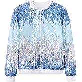 Lovekider Girls Sequin Jacket Glitter Long Sleeves Gradient Ombre Bomber Coat with Ribbed Cuffs for 4-12 Years Kids