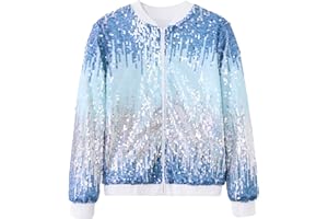 Lovekider Girls Sequin Jacket Glitter Long Sleeves Gradient Ombre Bomber Coat with Ribbed Cuffs for 4-12 Years Kids