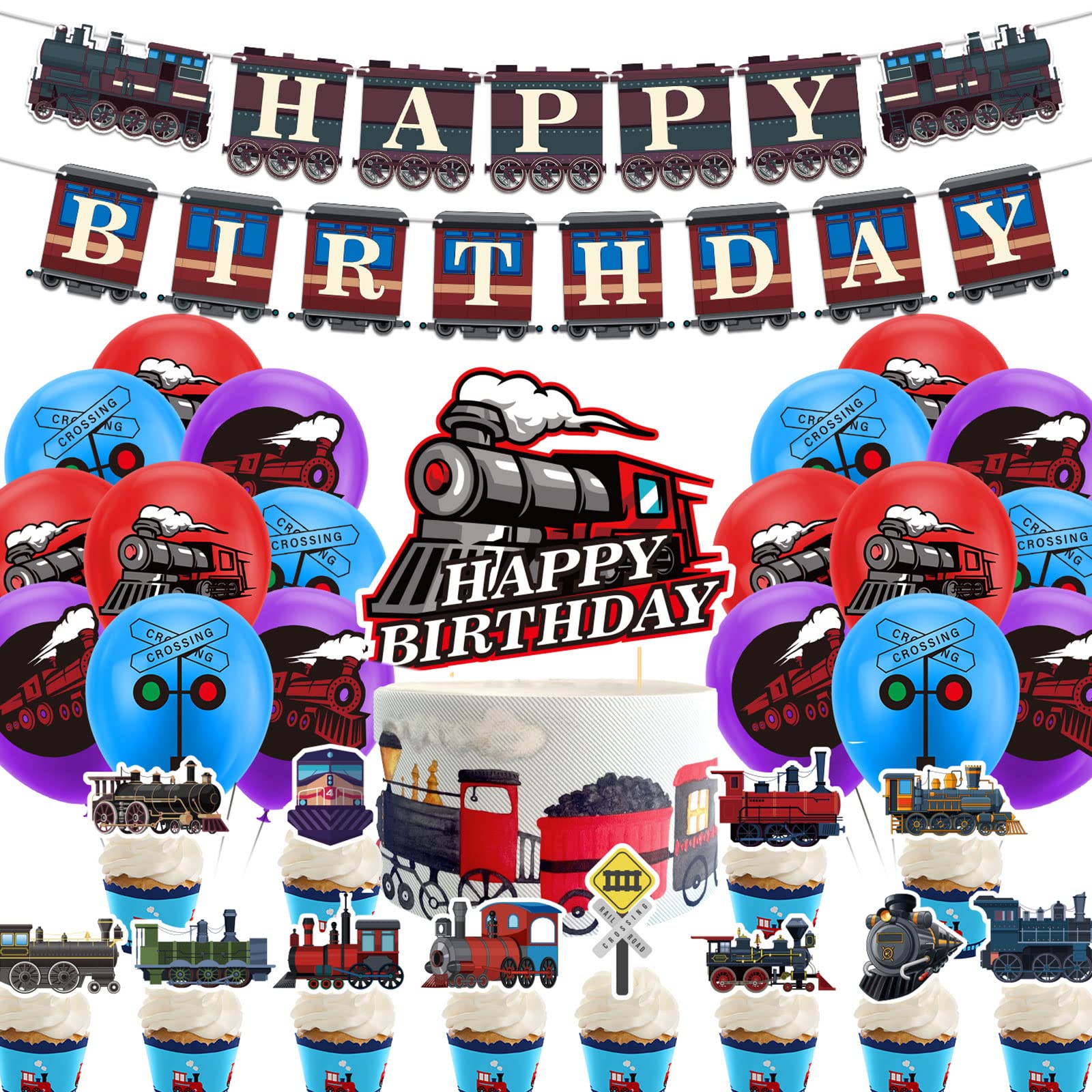 Retro Train Birthday Party Supplies - Includes Train Happy Birthday Banner, Cake Topper, Cupcake Toppers, Balloons for Vehicle Party Decorations