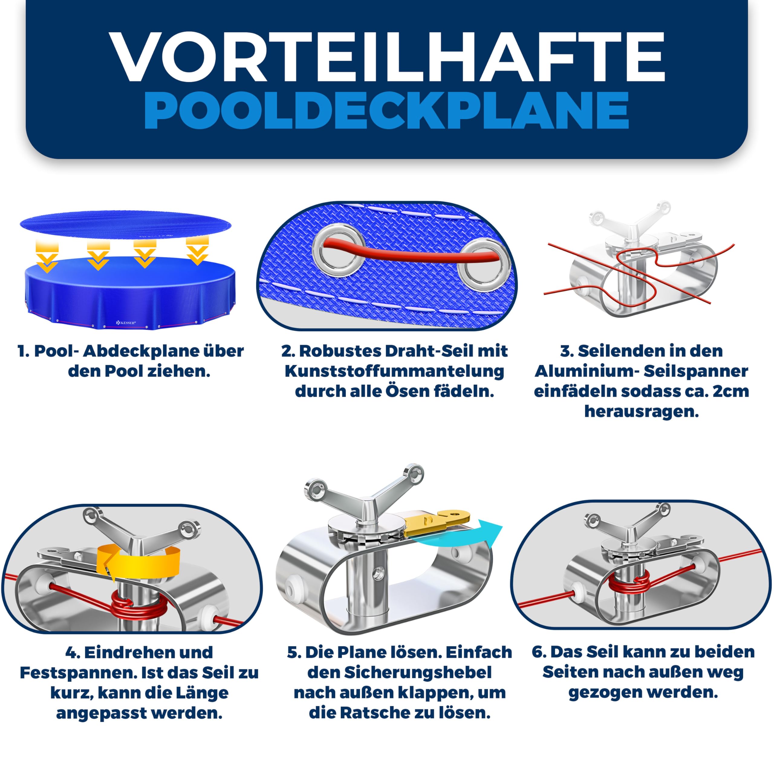 KESSER® Solar Poolabdeckung Pool Abdeckplane Rund Ø305cm Poolplane 200g/m² PE Material Inkl. Stahlseil + Seilspanner mit Ösen Solarplane Abdeckung UV-resistent, Wetterfest für Sommer & Winter 7