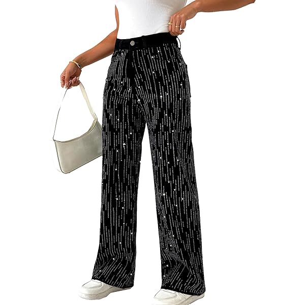 LETSVDO Women's Rhinestone Jeans Baggy High Waisted Y2k Straight
