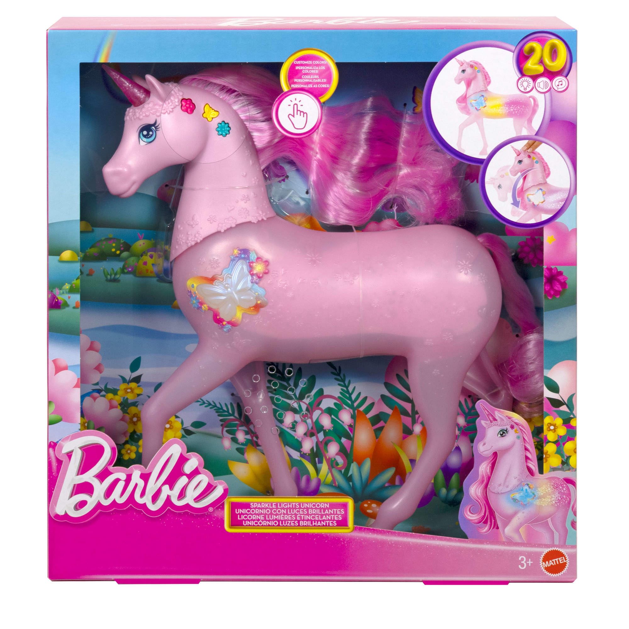 Barbie funkelnd leuchtendes Einhorn mit 20 interaktiven Kombinationen aus Lichteffekten, Geräuschen und Musik, zum Spielen Knöpfe drücken und Kopf streicheln,JCP78 6