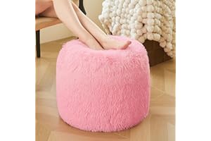 XeGe Fluffy Faux Fur Inflatable Pouf Ottoman, Cozy Shaggy Fuzzy Foot Stool, Plush Furry Foot Rest Floor Pouf Anti-Slip Kid Girl Adult, Foldable Round Ottoman Cushion for Living Room Bedroom, Pink