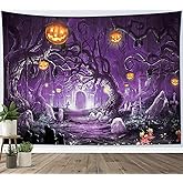 HVEST Halloween Tapestry Wall Hanging Pumpkin and Black Bat in Scary Forest Tapestry for Bedroom, Horror Purple Halloween Night Wall Art for Living Room Dorm Holiday Wall Decor, 60W X 40H inches