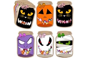 SHIEL-EVEN 50 Pack Halloween Mason Jar Cards - DIY Cards with Clear Candy Bags for Kids, Halloween School Trick or Treat Bags, Classroom Holiday Gifts for Kid