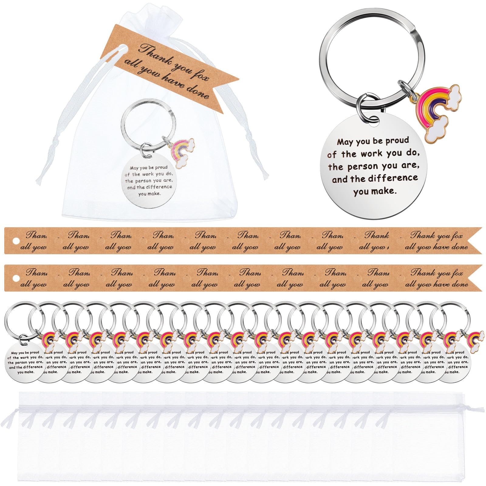 Otuuz 60 Pcs Employee Appreciation Gifts Thank You Gifts Rainbow Inspirational Keychain White Organza Bags Thank You Cards Friendship Employee Keyring Coworker Leaving Presents Bulk for Colleague