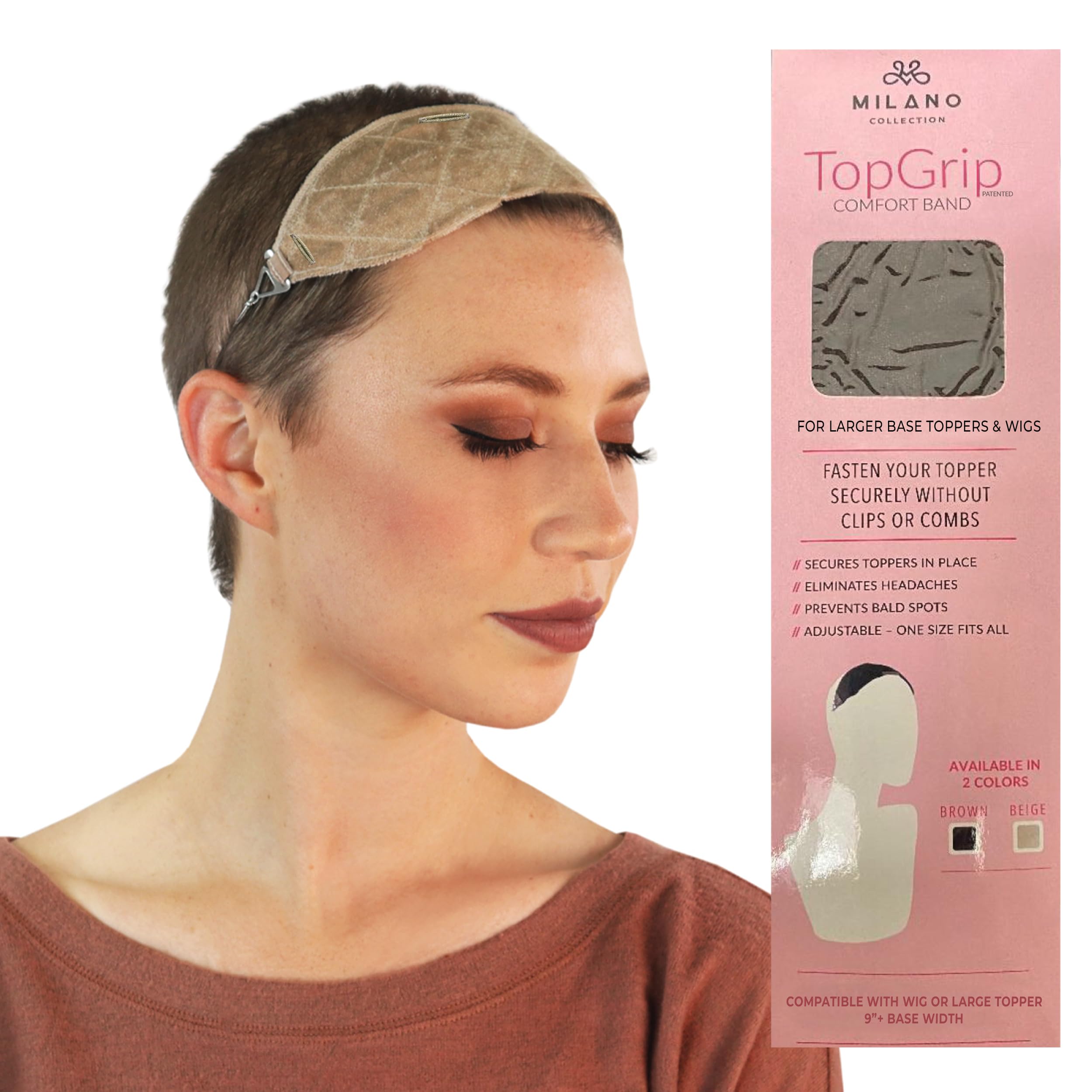 Photo 1 of MILANO COLLECTION Glueless Top Grip for Hair Topper & Wiglets, Adjustable Translucent Strap with Side Openings, Top Headband for Your Wig or Topper, Includes Clips, Beige, Large