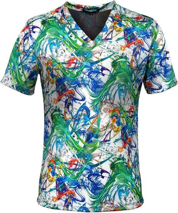 Amazon Tシャツ 幾何 光 宇宙柄 Vネック 薄手 総柄 ムラ 半袖tシャツ ホワイト白グリーン緑 Tシャツ カットソー 通販