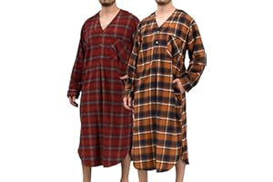 Andrew Scott Men's 2 Pack Lightweight Cotton Flannel Sleep Shirt, Long Henley Nightshirt Pajamas