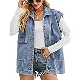 Shebote Womens Oversized Sleeveless Jean Denim Jacket Button Down Vest Top for Women Summer Waistcoat Jeans Vests Tops