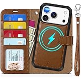 TUCCH Detachable Case Wallet for iPhone 17 Pro (6.3") 2025, Wrist Strap, 4 Card Holders RFID Blocking, Wireless Charging, Stand, 2-in-1 Magnetic, PU Leather, Shockproof Folio Cover, Brown