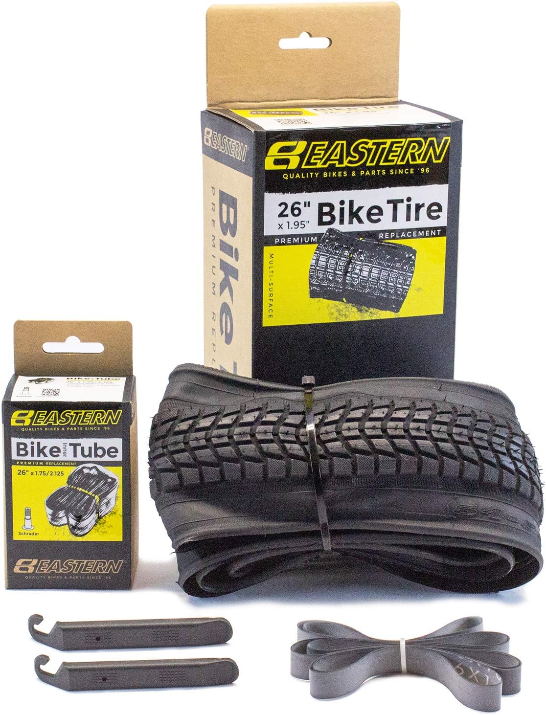Eastern Bikes Premium Upgrade 26 x 1.95 Inch Tire and Tube Repair Kit with Inner Tubes & Tools. Fits Bicycles with 26 x 1.75 or 26 x 2.125 Rim or Wheels.