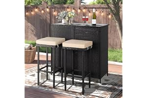 Incbruce Bar Set- Two Stools with Beige Cushions and One Table with a Glass Top, All-Weather Outdoor Wicker Furniture Set for Porches, Gardens or Poolside
