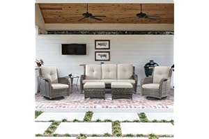 Joyside Patio Wicker Furniture Set 6 Piece Set with 1 Three-Seat Sofa, 2 Rocker Swivel Chairs, 2 Ottomans and 1 Side Table, Outdoor Furniture Patio Conversation Sets(Mixed Grey/Beige)
