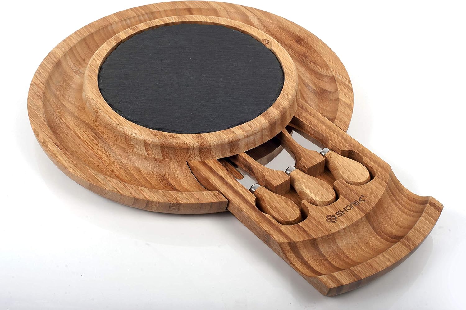 Amazon Com Premium Bamboo Cheese Board Set With Hidden Cutlery Drawer And Knife Set With One Cheese Fork Removable Slate Round Charcuterie Board Perfect Wedding Gift Idea For Any Budget Cheese
