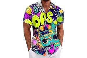 80s 90s Outfits Mens Short Sleeve Vacation Shirts Neon Hawaiian Shirt Holiday Beach Shirt Theme Party Disco Shirts