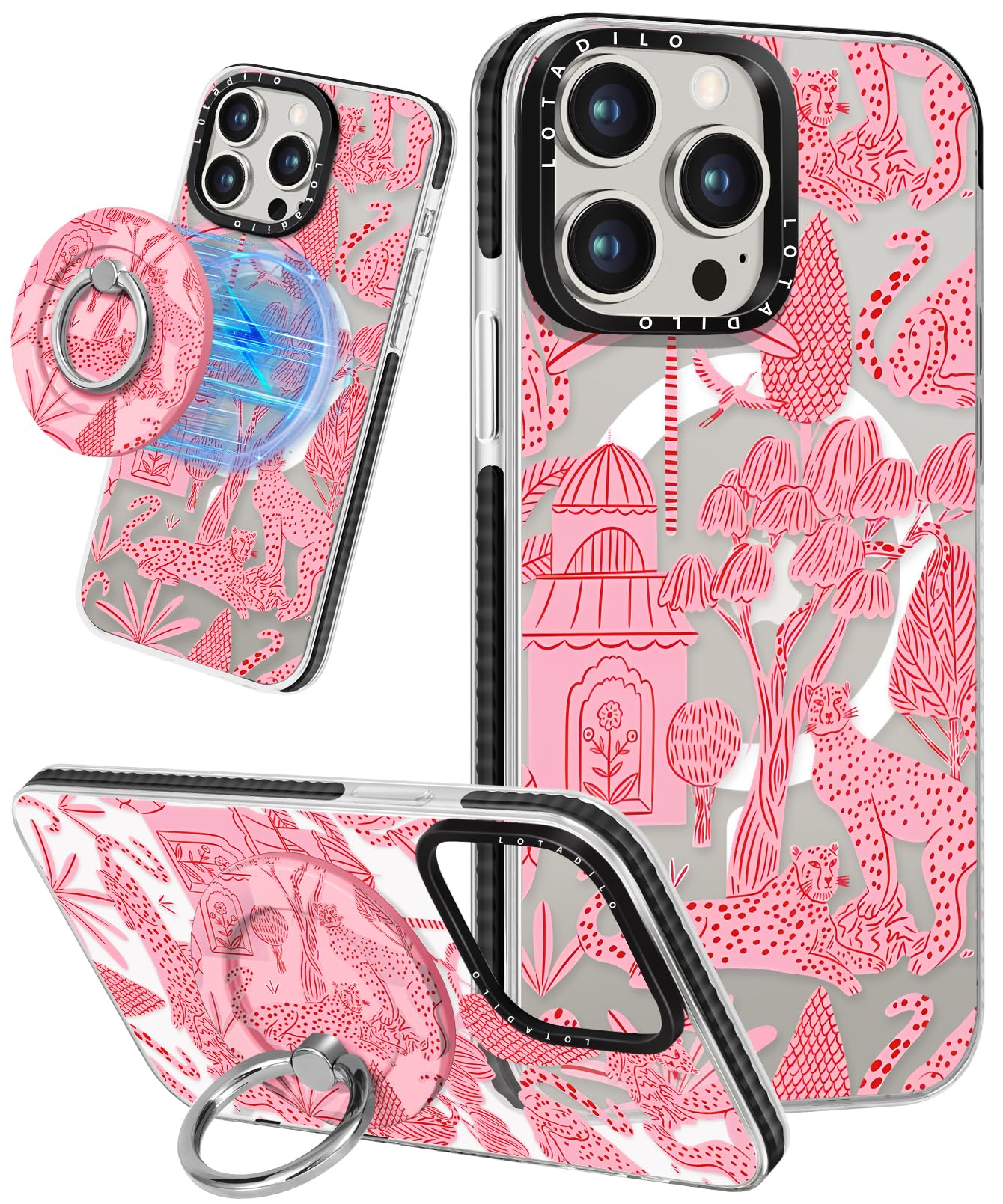 Lotadilo Cute Case for iPhone 14 Pro Max for Women Girls - Funny Leopard Design Compatible with Magsafe Magnetic Ring Holder Kickstand Fashion TPU Phone Covers for iPhone 14 Pro Max Phone Case