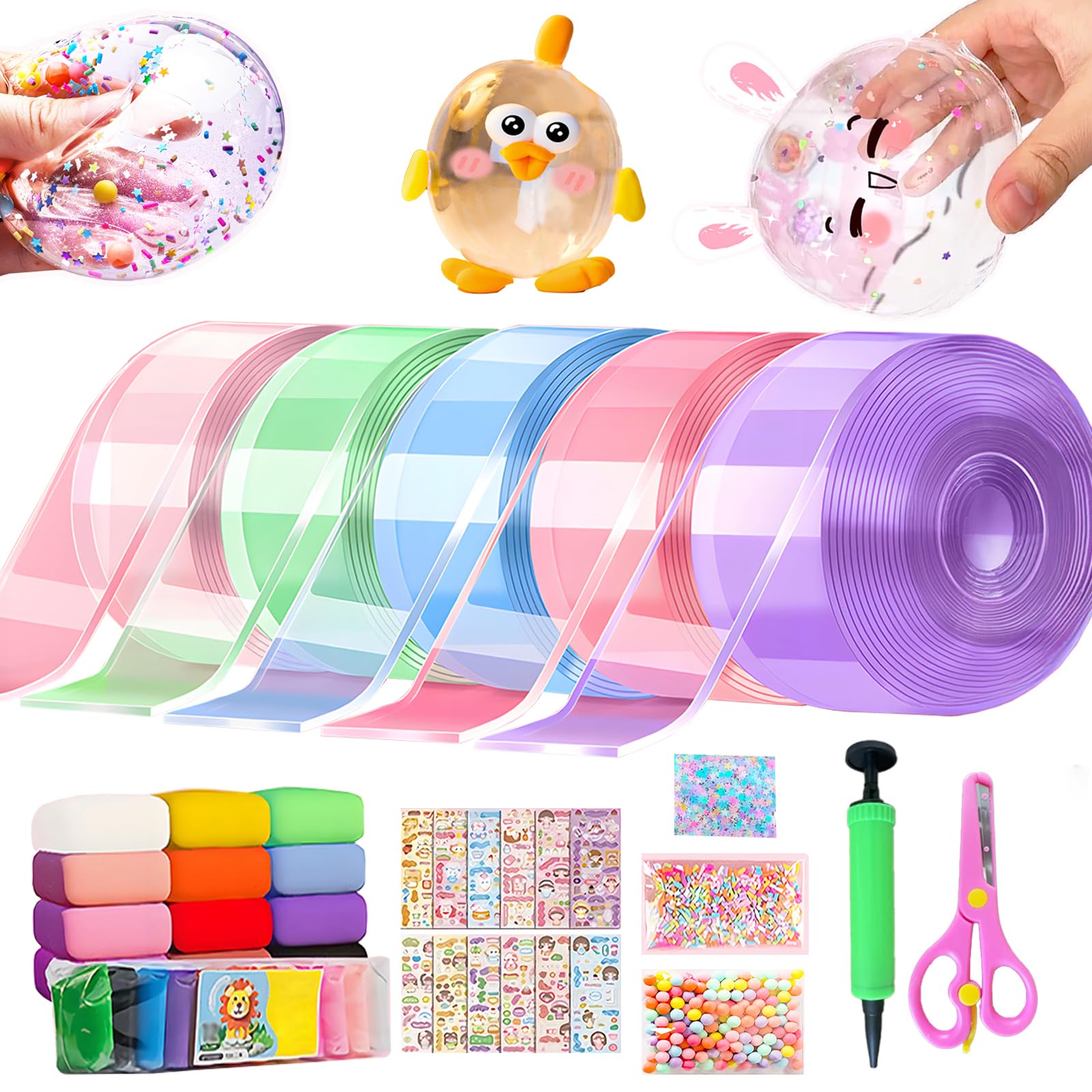 5PCS Nano Tape Bubble Kit for Kids, Nano Bubble Tapes Kit with Glitter, Clay, Cute Stickers and Accessories Tools, Nano Tape Crafts for Kids Teens Girls