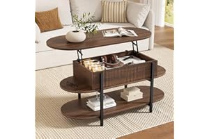 FABATO 41.7" Oval Lift Top Coffee Table, Fluted Wood Center Table with Hidden Storage, 3 Tier Oblong Tables with Curved Edge,