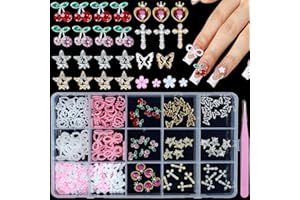 CESUSME 3D Nail Gems and Charms, Pink Color&White Tiny Flowers Bows Heart Acrylic Nail Charms Pearls+Heart Cherry Diamond Nail Art Jewels+Silver&Gold Butterfly Star Cross Alloy Nail Rhinestone Charms for DIY