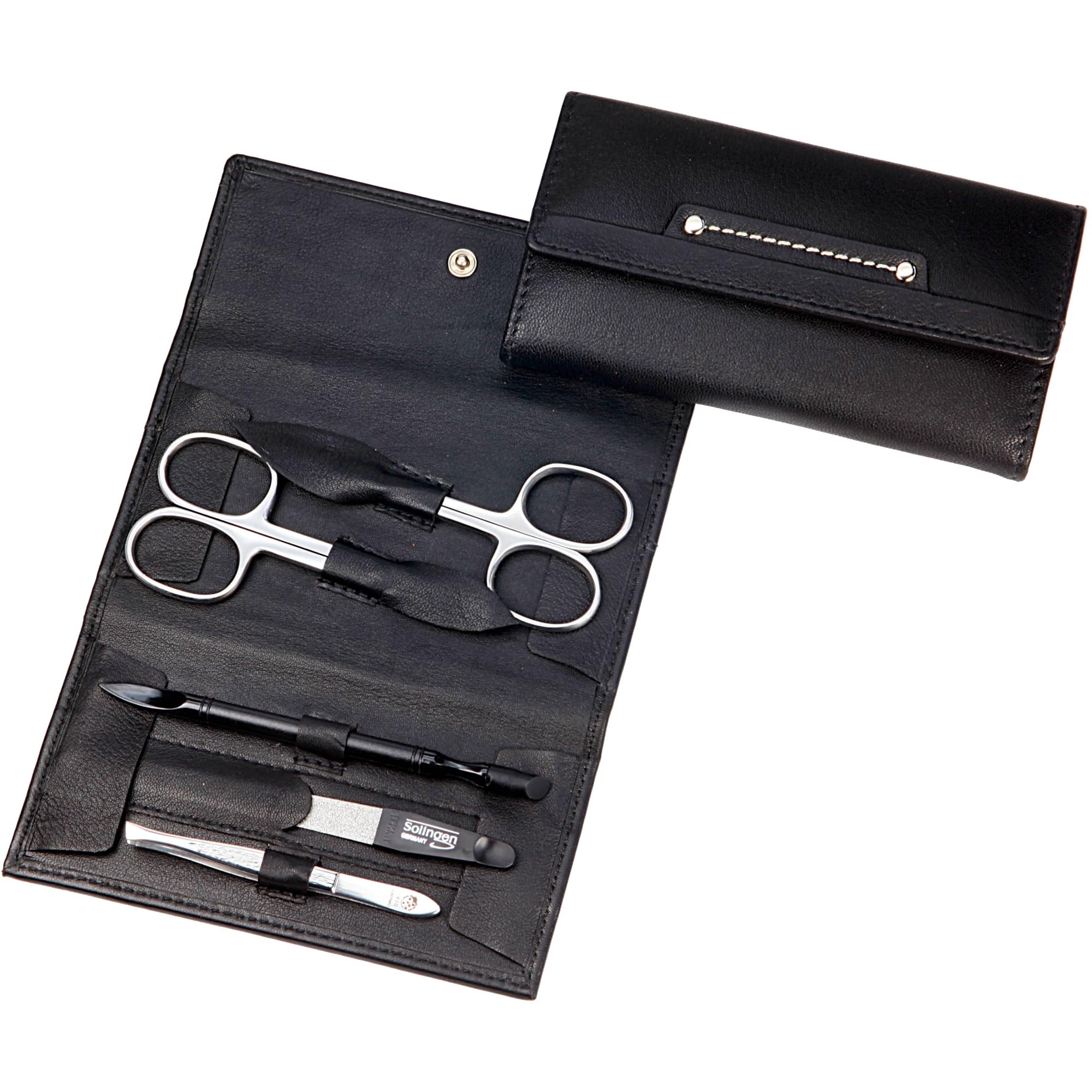 Sonnenschein by Hans Kniebes Manicure Set 5 Pieces - Nail Scissors, Cuticle Scissors, File, Tweezers, Hoof Stick - Nail Care Set Manicure Case Made of Nappa Lambskin Leather Black