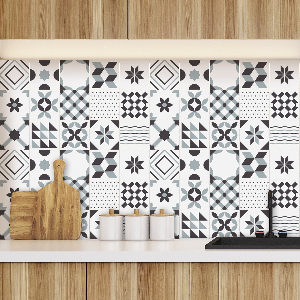 Ambiance Sticker Self-Adhesive Decorative Wall Decal Cement Tile for Bathroom and Kitchen Géométriques Nuance de Gris - Pack of 60 Stickers of 20 x 20 cm