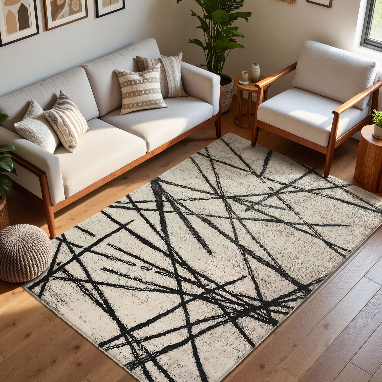 Leesentec Rugs Living Room Bedroom Rug Modern Short Pile Rugs Bohemian Carpet Abstract Geometric Straight Line Pattern Carpets Non-slip Large Rug (Beige/Striped Black, 80 x 120 cm)