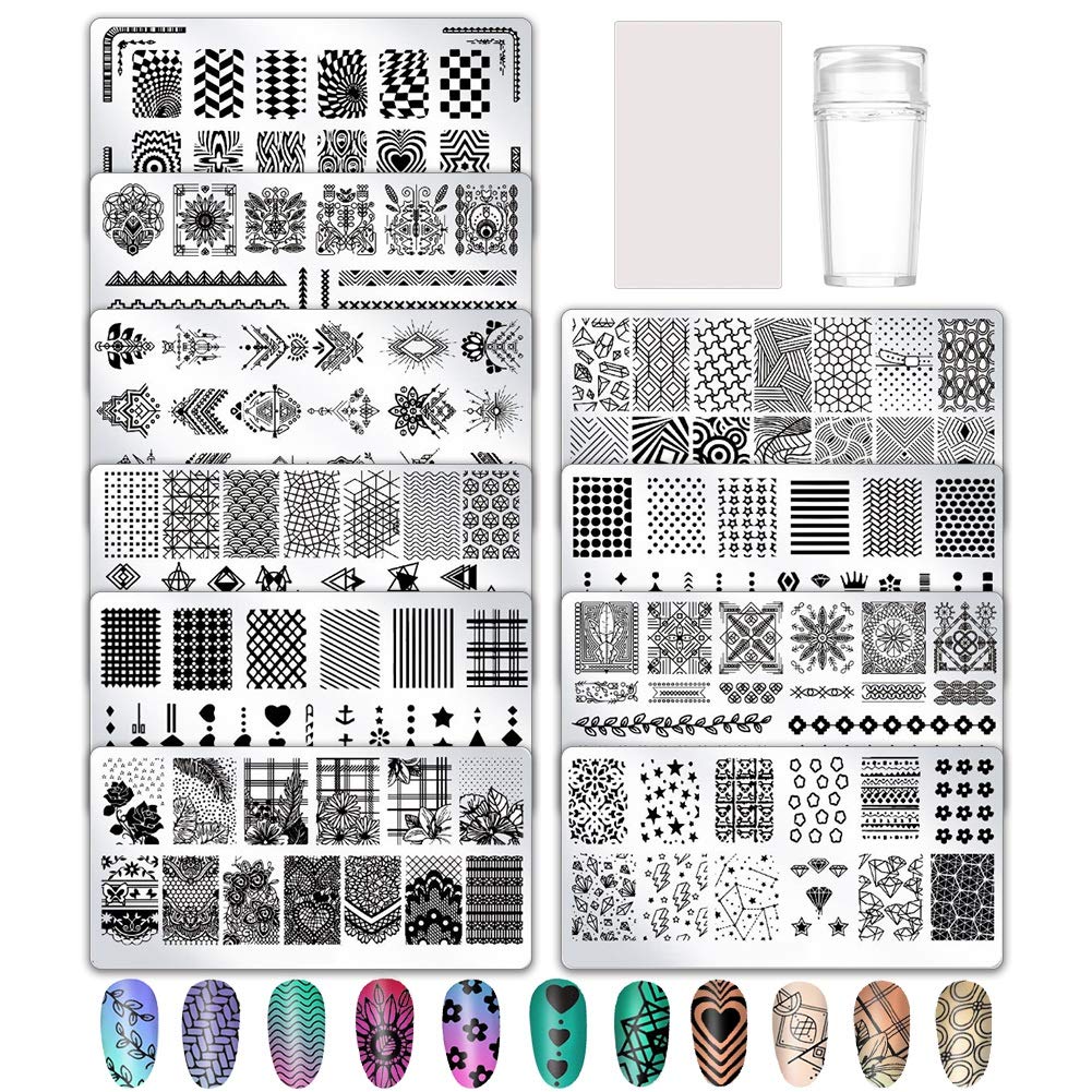 birdsunshine 10 Pcs Nail Stamping Plates, Flowers, Lace, Geometric Patterns Nail Art Stamping Templates Manicure Tool Kit, with 1 Stamper and 1 Scraper