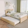 Xilingol Trundle Bed Twin, Solid Wood Bed Frames with Headboard and Wooden Slats Support, Twin Trundle Bed Frame Roll Out, Single Box Bed (No Box Spring Needed), Natural