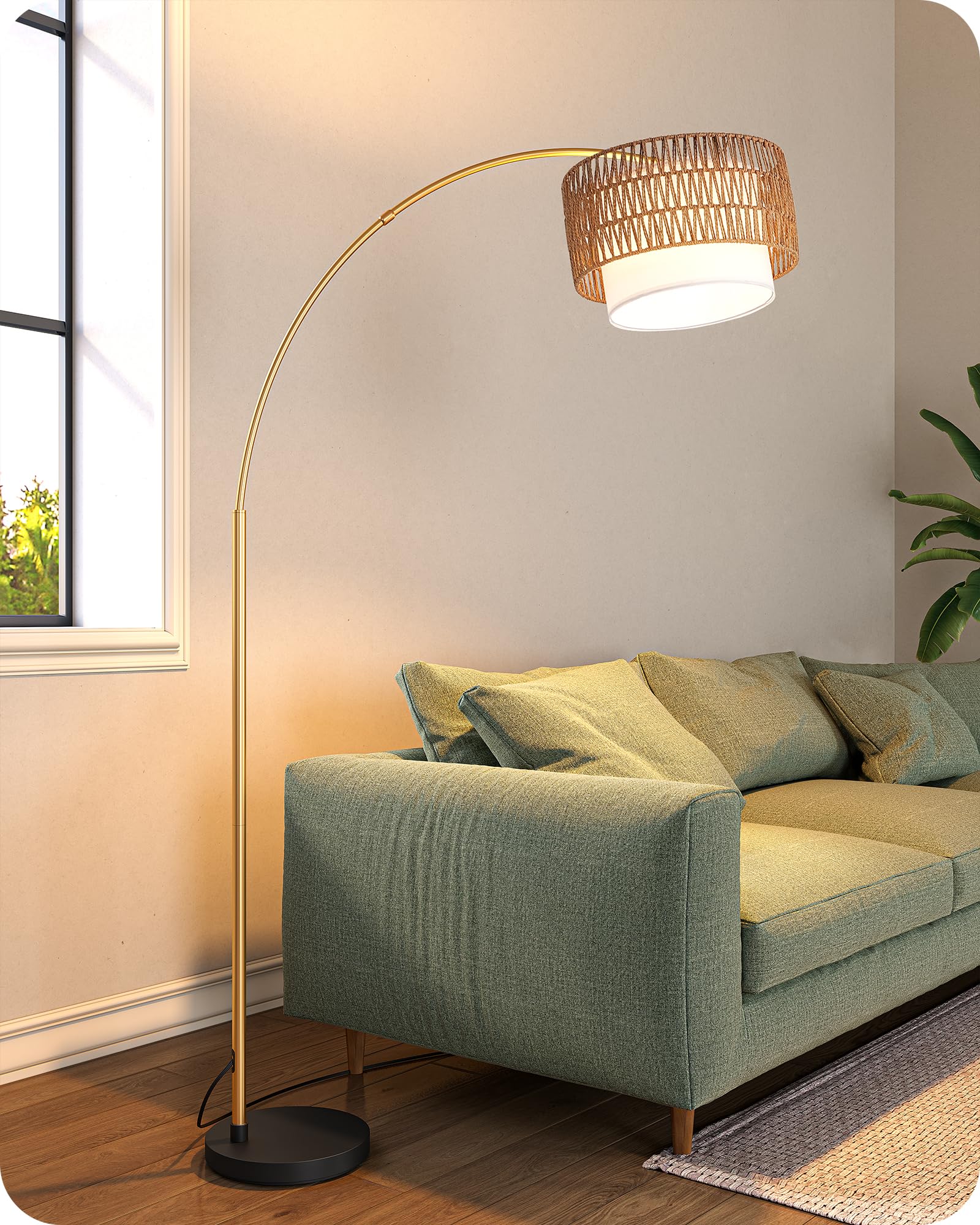 Photo 1 of *****************piping on connection completely threaded.***************
EDISHINE 76" Gold Arched Floor Lamp with Remote, Boho Farmhouse Floor Lamp with Rattan & Fabric Shades, Tall arc Standing Lamp with Dimmable Bulb, Adjustable Reading Light for Livin