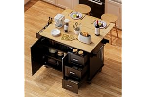 HiDSLiving Kitchen Island 54" Large Rolling Kitchen Island Cart On Wheels with Drop Leaf 3 Drawers 1 Cabinet,Spice Towl Rack Mobile Kitchen Table with Storage Black