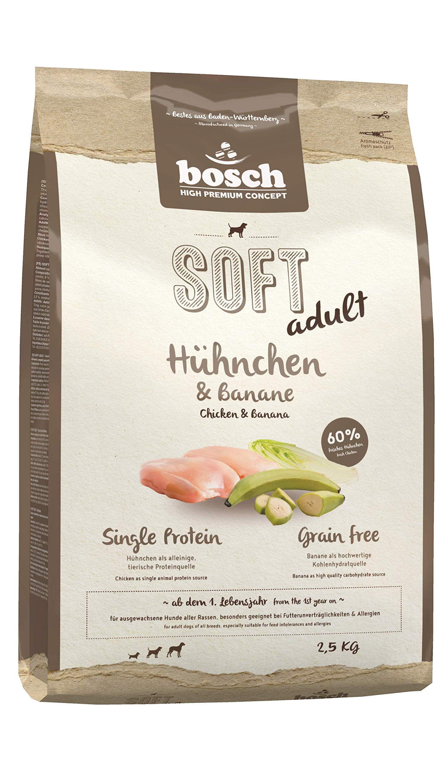bosch Pet Food HPC SOFT Adult Chicken & Banana Semi-moist dog food for adult dogs of all breeds Single Protein Grain Free, 3.00 kg
