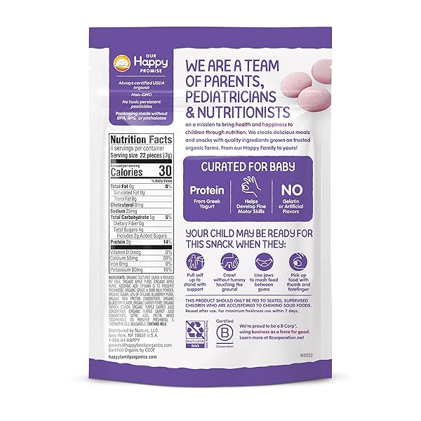 HAPPY BABY ORGANICS BABY SNACKS, GREEK YOGIS, FREEZE DRIED YOGURT &VEGGIE FRUIT SNACKS, GLUTEN FREE BABIES 9+ MONTHS, BLUEBERRY & PURPLE CARROT, 1 OUNCE