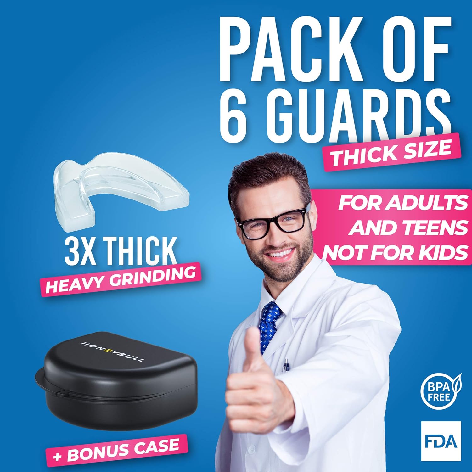 HONEYBULL Mouth Guard for Grinding Teeth [6 Pack - Thick] for Clenching at Night, Whitening & Sports : Beauty