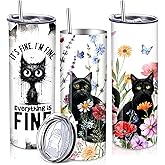 Newtay 3 Pcs Black Cat Tumbler with Lid 20 oz Christmas Funny Cup with Straw Stainless Steel Double Walled Insulated Travel Coffee Cup for Cats Lovers Xmas Winter Holiday Birthday Party Gift