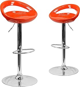 Flash Furniture 2 Pack Contemporary Orange Plastic Adjustable Height Barstool with Rounded Cutout Back and Chrome Base