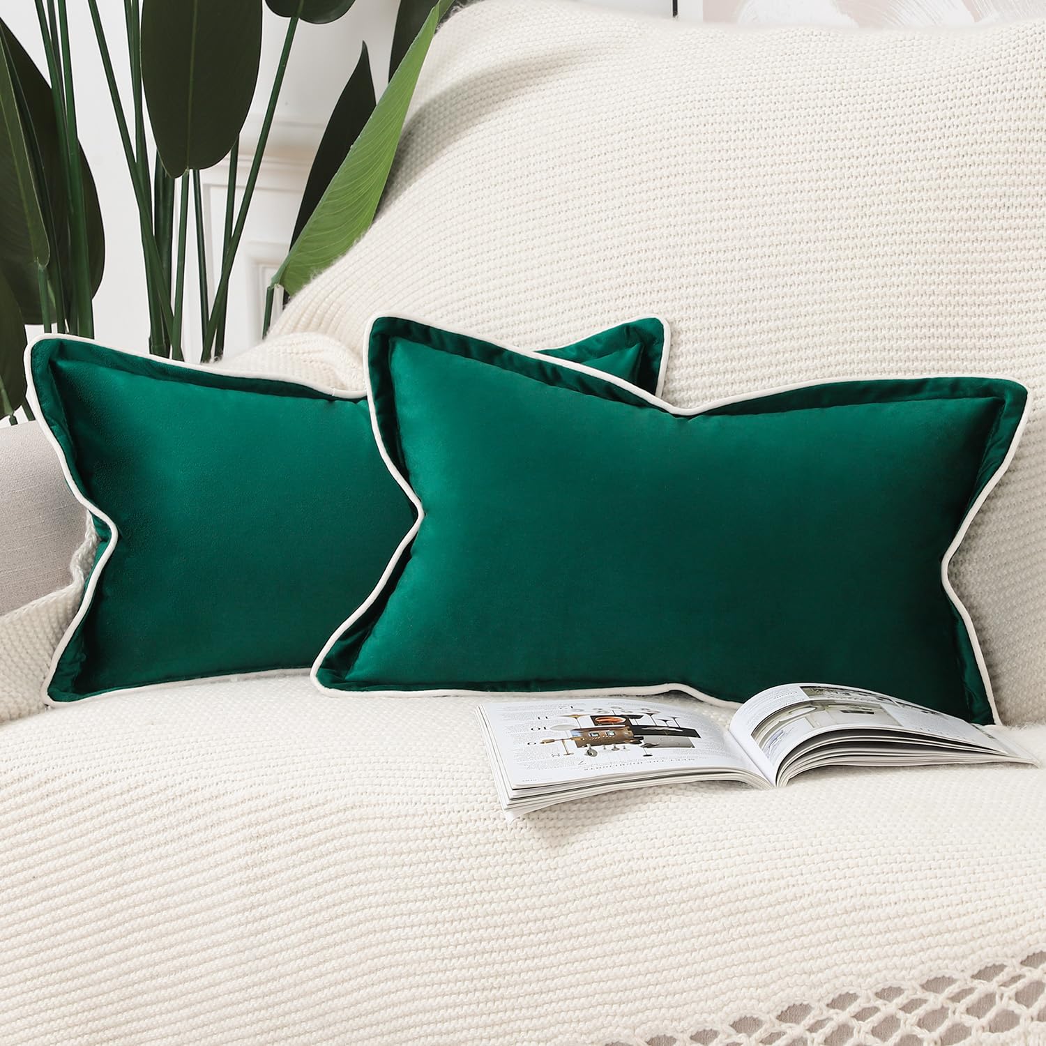 Madizz Set of 2 Velvet Fringed Throw Pillow Covers 12x20 inch, 30x50 cm, Green Soft Decorative Cushion Cover for Sofa Bedroom Pillow Shell