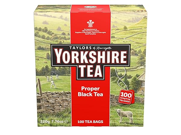 YORKSHIRE TEA, RED, BLACK TEA, STRING AND TAGGED BAGS, 100 COUNT (PACK OF 1), REFRESHING, SATISFYING, AND STRONG, CLASSIC BRITISH BREAKFAST BLEND, CAFFEINATED, ENJOY HOT OR ICED, 100 TEABAGS