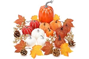 AceOrbit 24 Pcs Fall Thanksgiving Small Pumpkins Artificial Fake Pumpkins Set with Maple Leaves Pinecones Berry for Decorating Autumn Table Centerpiece Thanksgiving Harvest Home Decorations(Classic)