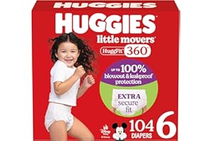 Huggies Size 6 Baby Diapers, Little Movers HuggFit 360° Baby Diapers with 360° Waistband, Size 6 (35+ lbs), 104 Count (2 Packs of 52), Packaging May Vary